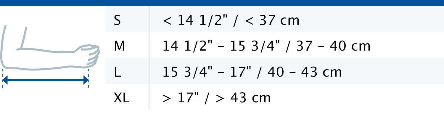 Size chart showing measurements for Actimove Professional Line Mitella Comfort Arm Sling
 Size chart showing measurements for Actimove Professional Line Mitella Comfort Arm Sling
